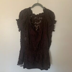 ECI New York Brown Ruffled Coquette Blouse Whimsigoth Dark Romance Top Sz 14 GUC